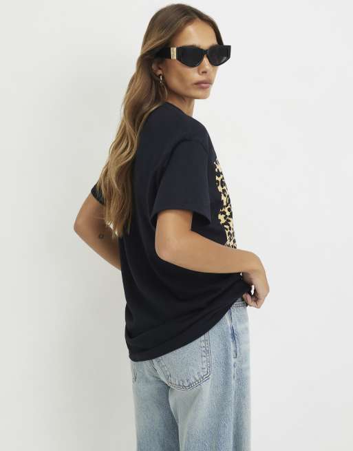 River Island Cotton leopard print foil t-shirt in black, 4 of 4