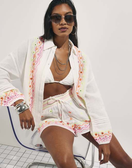 River Island Cotton mirror embroidered co-ord in cream, 3 of 3