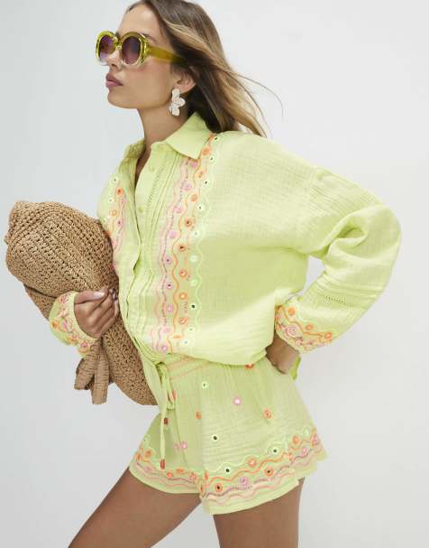 River Island Cotton mirror embroidered shirt in lime - view 1