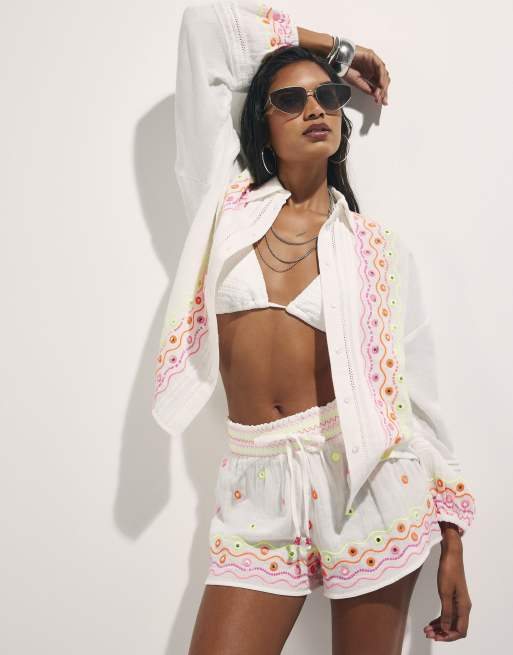 River Island Cotton mirror embroidered co-ord in cream, 2 of 3