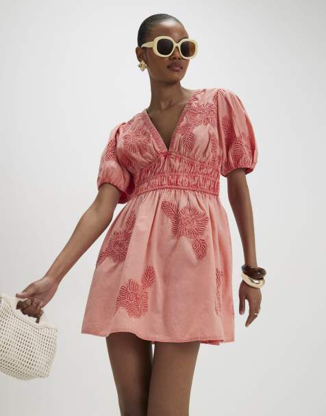 River Island Cotton short sleeve cornelli mini dress in pink - view 1