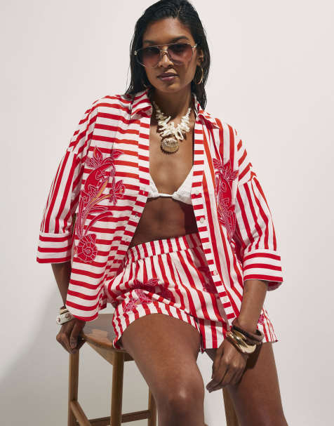 River Island Cotton stripe beaded shirt and shorts in red - view 1
