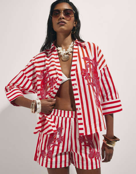 River Island Cotton stripe beaded shirt in red - view 1