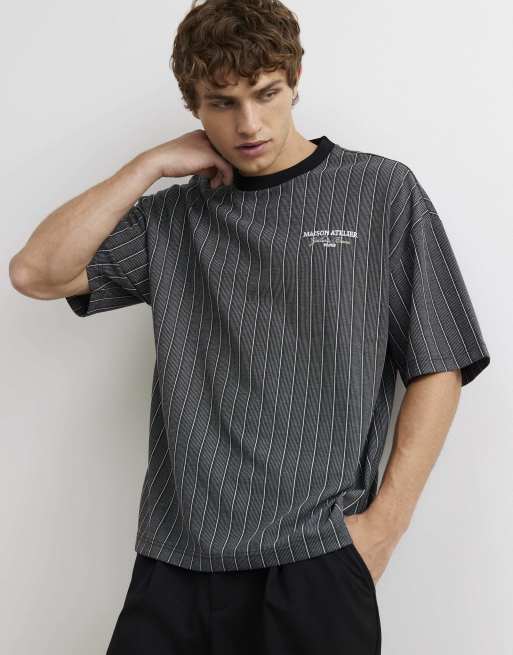 River Island Cotton stripe maison t-shirt in black, 3 of 4