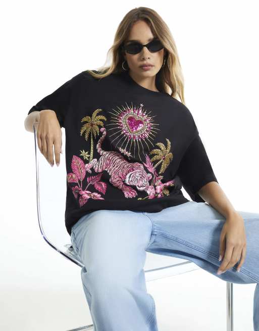 River Island Cotton tiger embellished t-shirt in black, 2 of 4