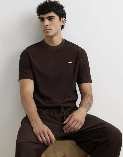 River Island Cotton vertical textured t-shirt in brown - view 1