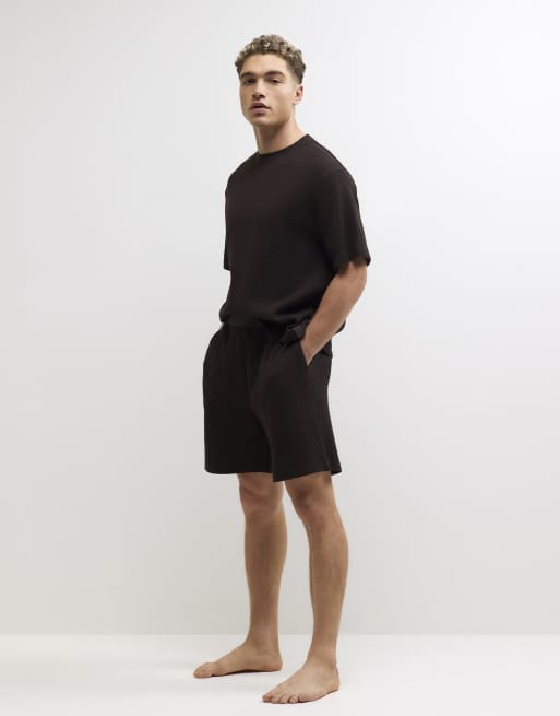 River Island Cotton waffle textured loungewear set in brown, 3 of 4
