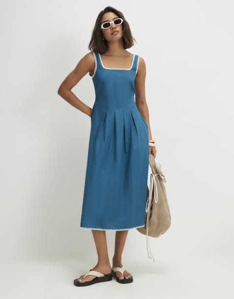 River Island Cotton whipstitch pleated midi dress in blue - view 1