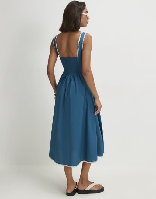 River Island Cotton whipstitch pleated midi dress in blue, 4 of 4