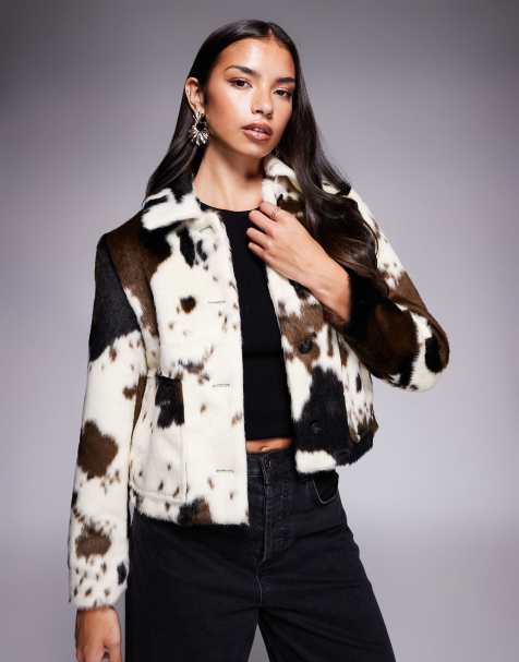 River Island cow print faux pony hair jacket in white - view 1