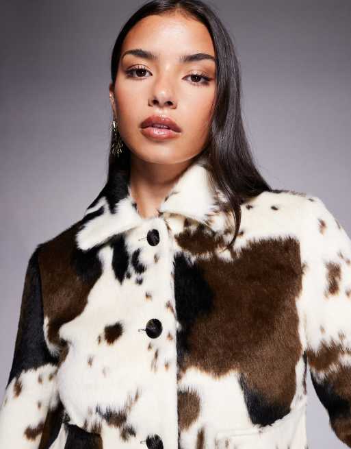 River Island cow print faux pony hair jacket in white, 2 of 4