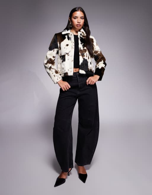 River Island cow print faux pony hair jacket in white, 3 of 4