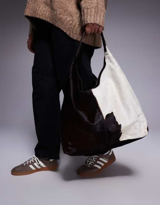 River Island cow print leather 'hair on' slouch bag in dark brown, 4 of 4