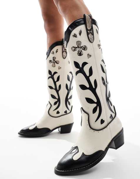 River Island cowboy boots in cream - view 1