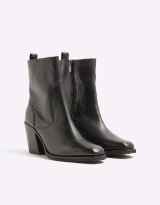 River Island - Cowboystiefel aus Leder in Schwarz