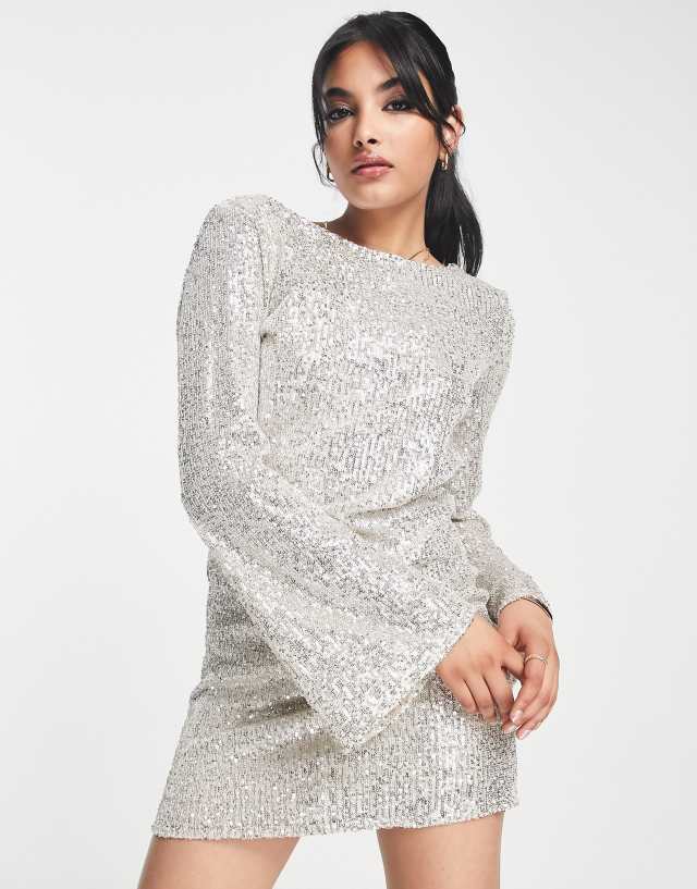 River Island cowl back sequin mini dress in silver