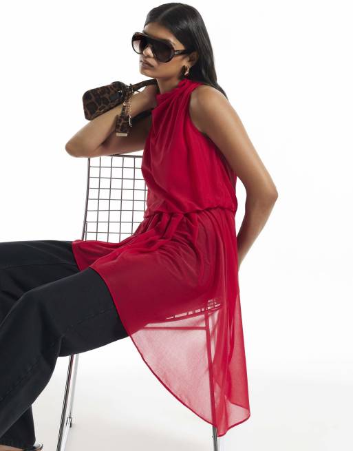River Island Cowl neck asymmetric hem top in red, 2 of 4