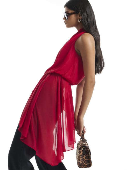 River Island Cowl neck asymmetric hem top in red, 3 of 4