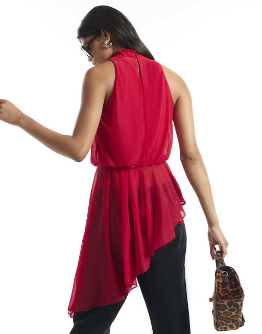River Island Cowl neck asymmetric hem top in red, 4 of 4