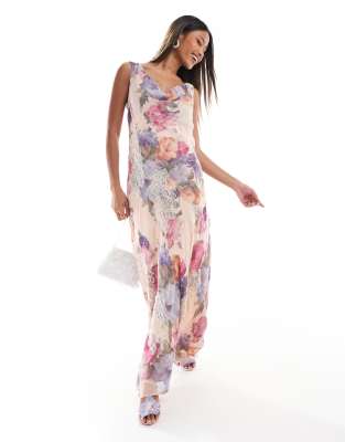 cowl neck floral maxi dress in light pink