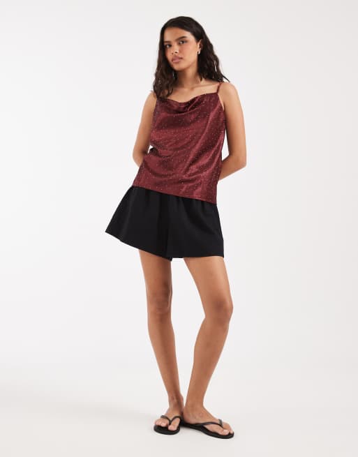 River Island cowl neck hotfix detail cami top in burgundy , 2 of 4