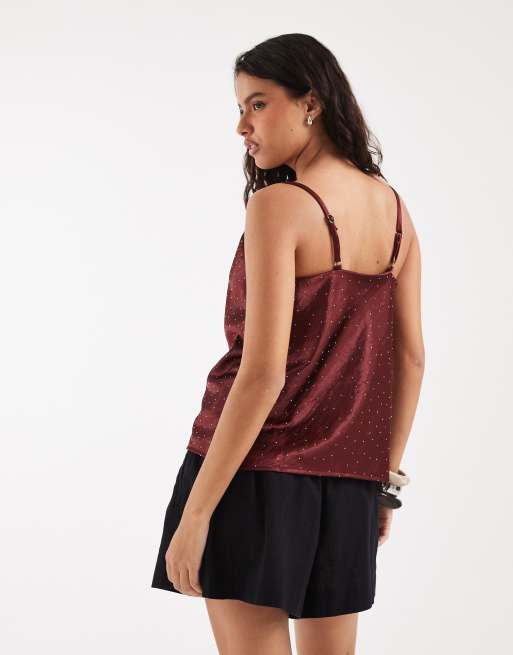 River Island cowl neck hotfix detail cami top in burgundy , 3 of 4