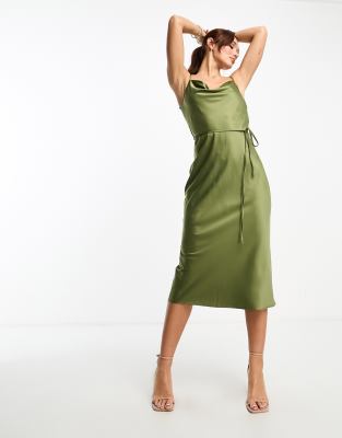 River Island cowl neck satin slip dress in khaki