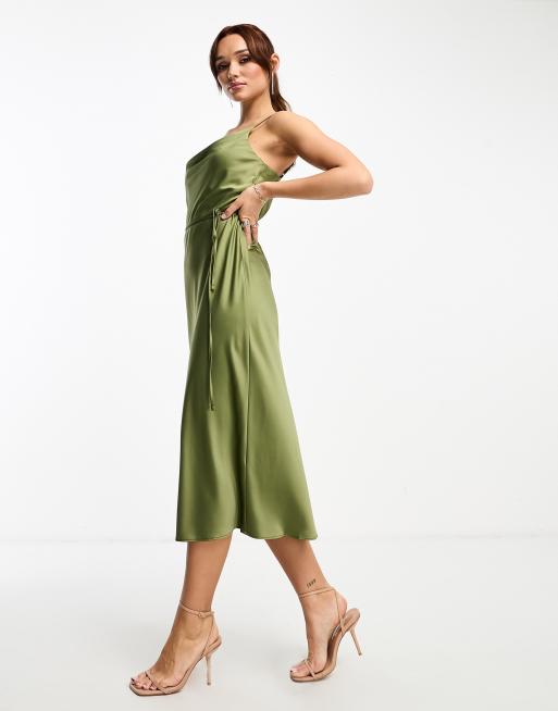 River Island cowl neck satin slip dress in khaki, 2 of 4