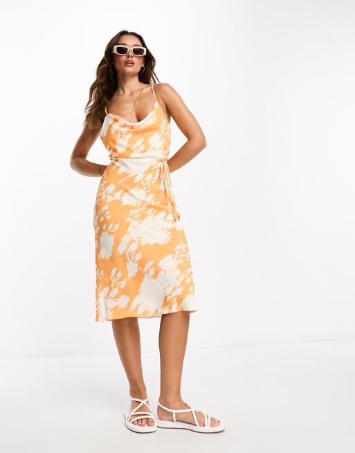 Rust Floral Print Button Detail Satin Midi Slip Dress