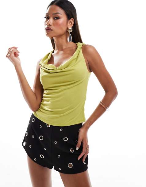 River Island cowl neck top with knot detail in lime - view 1
