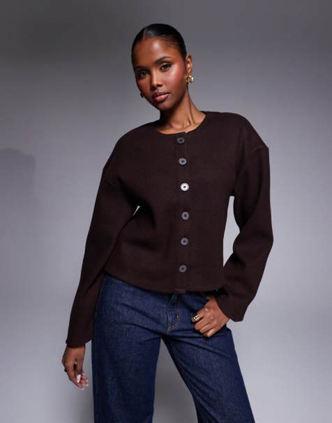 River Island cozy button up cardigan in dark brown - view 1