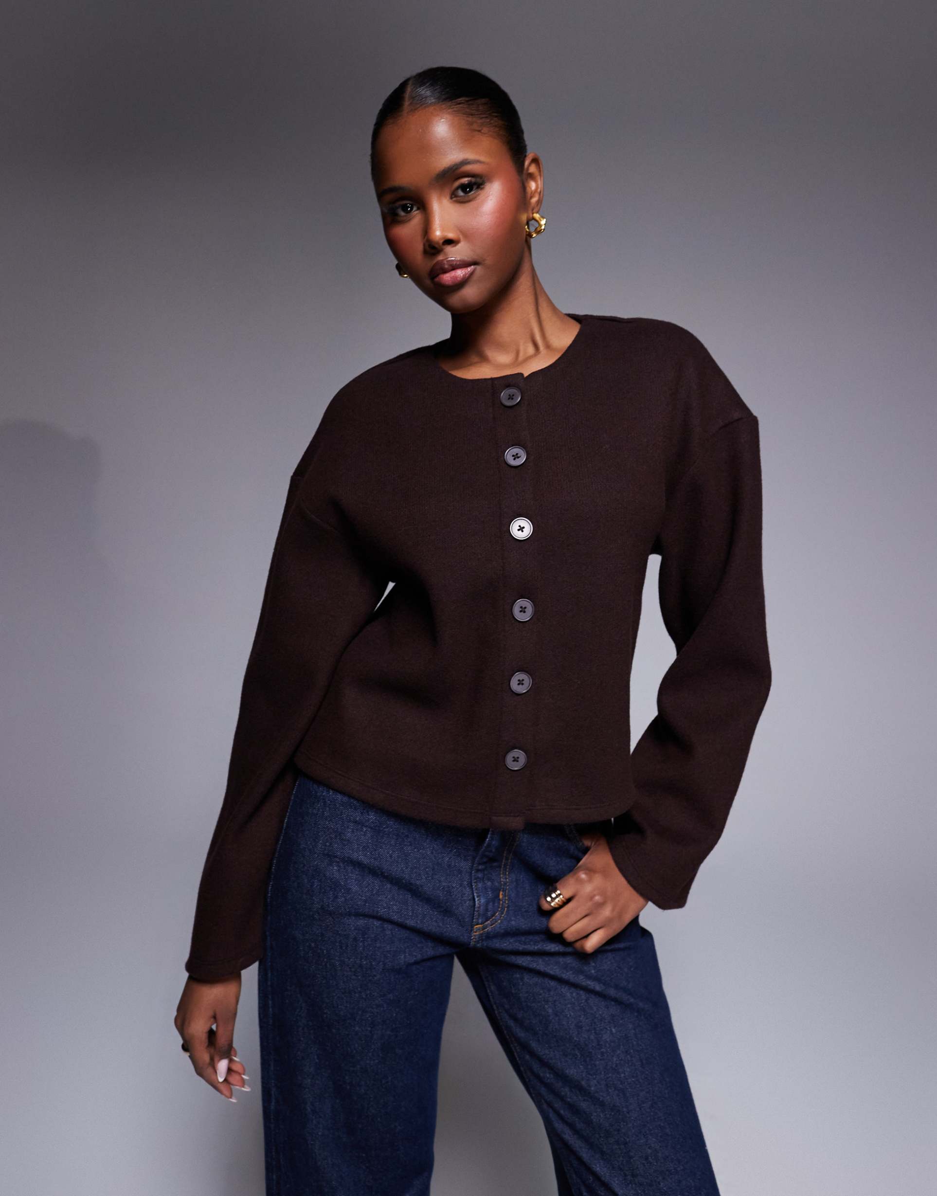 river island cozy button up cardigan in dark brown