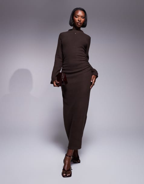 River Island cozy ruched midi dress in dark brown - view 1