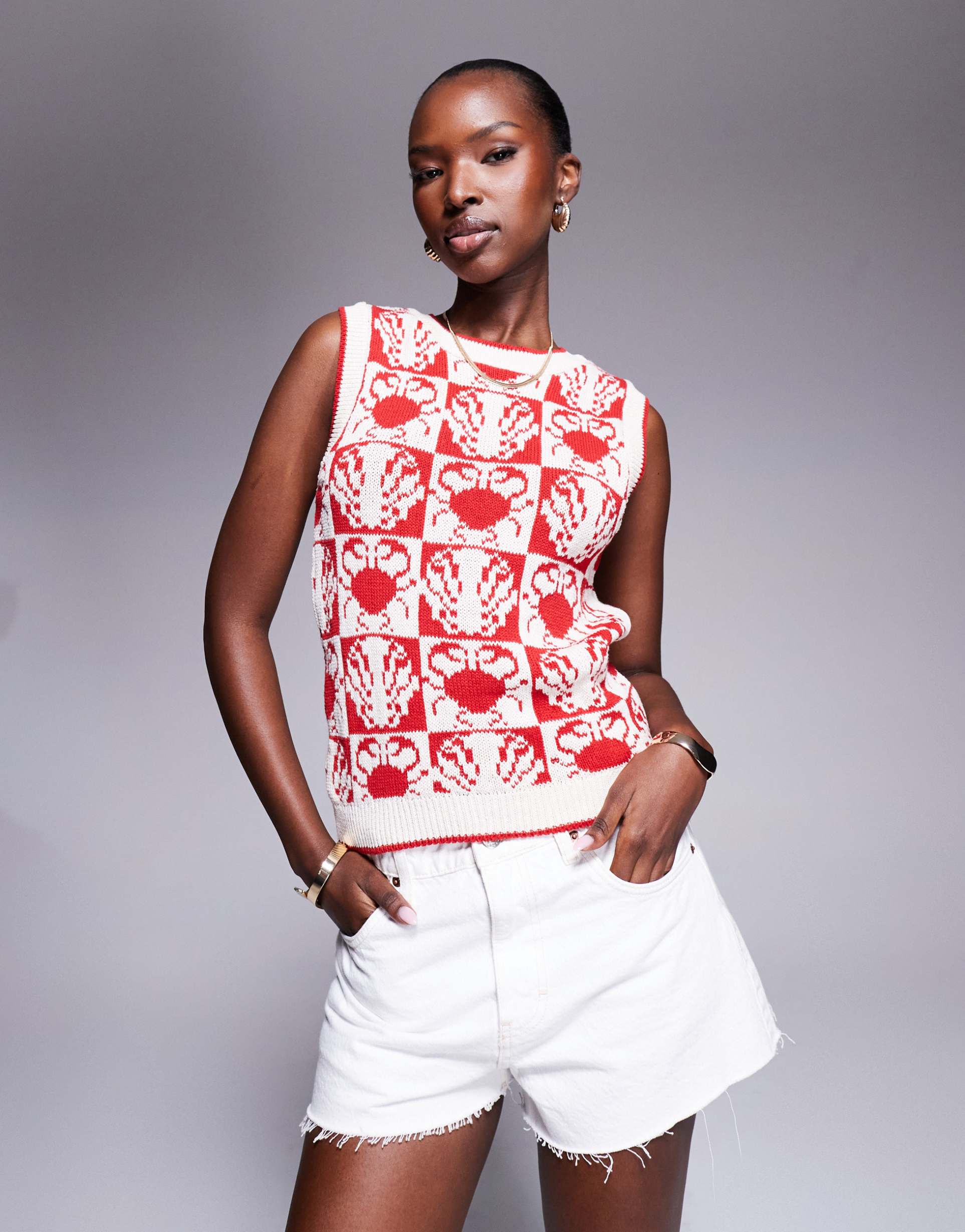 river island crab shell knit tank top in red