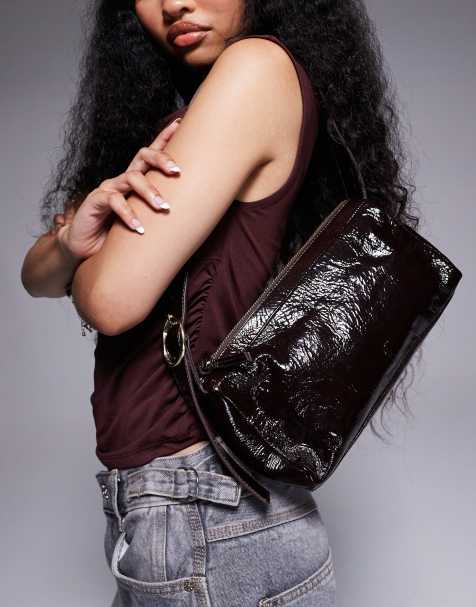 River Island cracked leather shoulder bag in dark brown - view 1