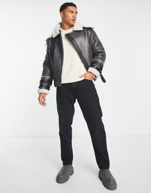 Crackle Faux Suede Sherpa Aviator Jacket