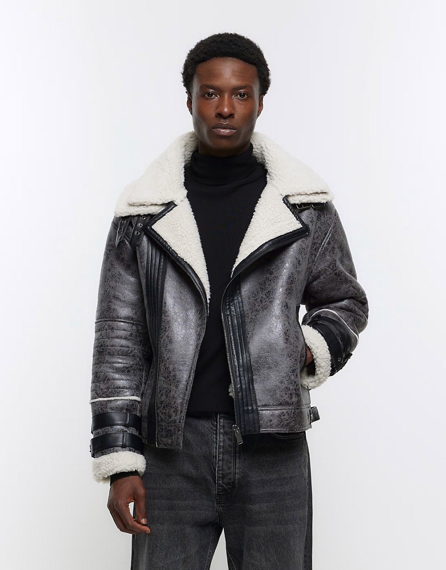 River Island Crackle Faux Shearling Aviator Jacket In Gray