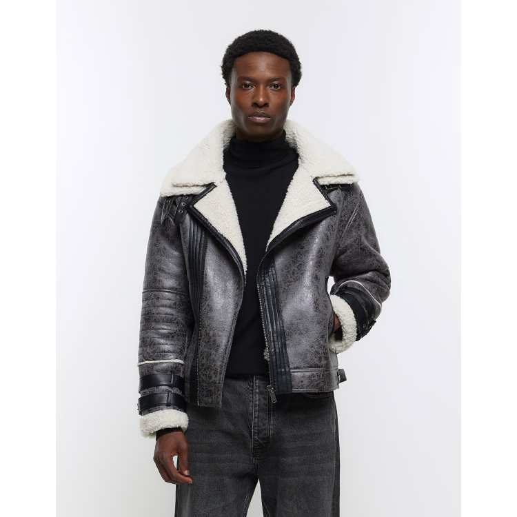 Pocket Detail Faux Shearling Aviator Jacket In Black | EGO Shoes