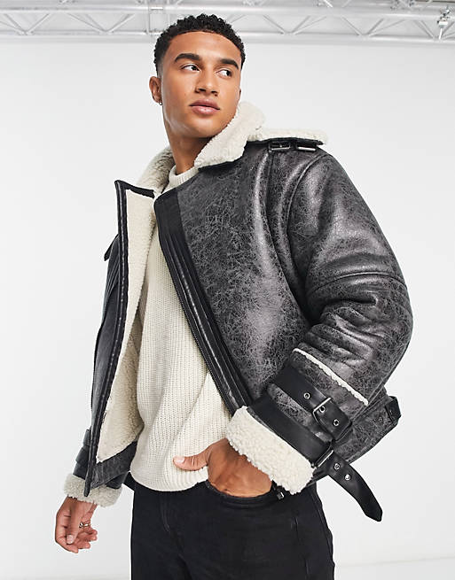Asos Men Clothing Jackets Leather Jackets Crackle faux shearling aviator jacket in 
