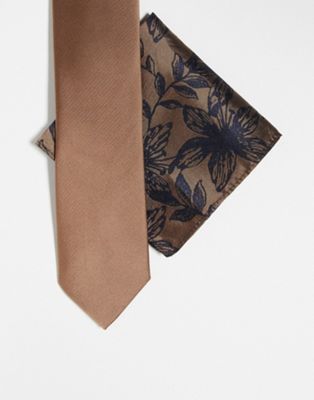 River Island twill tie floral pocket square set in beige - ASOS Price Checker