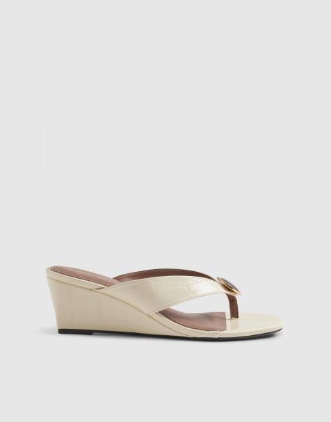 River Island Cream croc embossed toe thong wedges in ecru - view 1