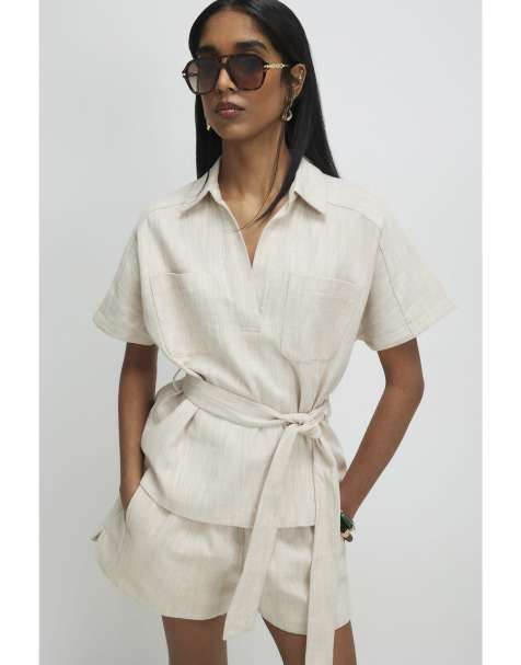 River Island Cream linen look collared belted top in stone - view 1