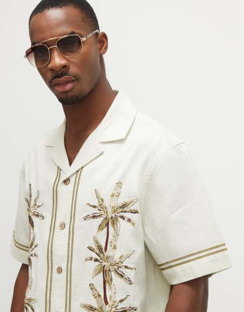 River Island Cream palm tree embroidered shirt in ecru - view 1