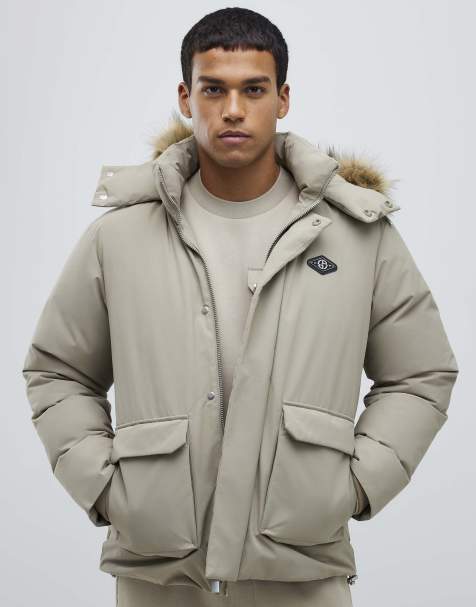 River Island Cream premium fur trim puffer jacket in stone - light - view 1