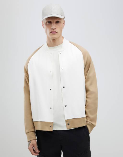 River Island Cream regular fit colour block bomber jacket in ecru