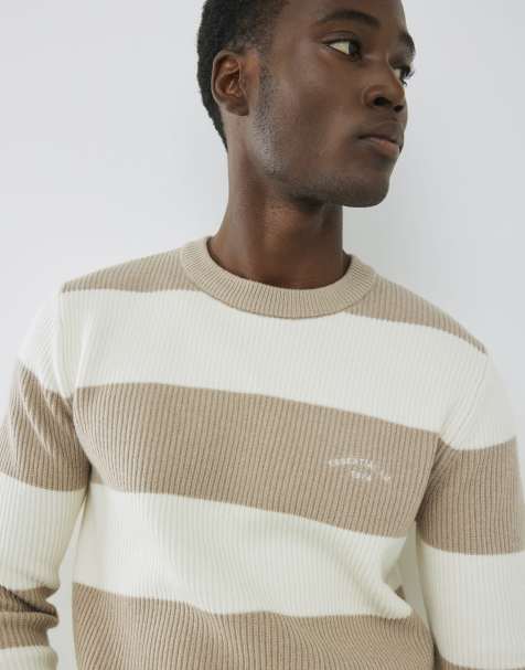River Island Cream slim fit stripe rib blocked jumper in stone - light