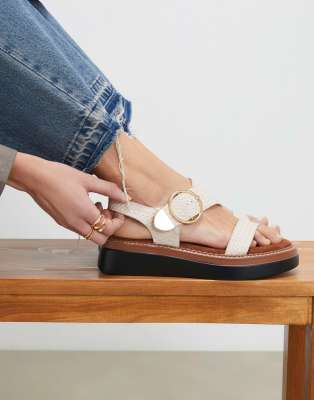  Cream two part ring buckle flatform sandals in ecru