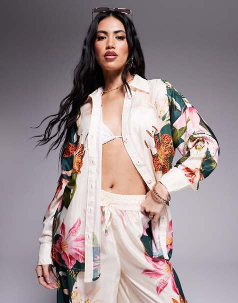 River Island - Cremehvid strandskjorte med botanisk print - Del af sæt - view 1