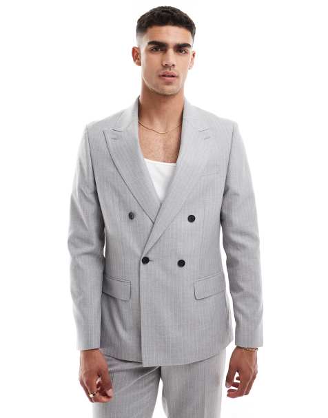 River Island crepe stripe suit jacket in grey - view 1