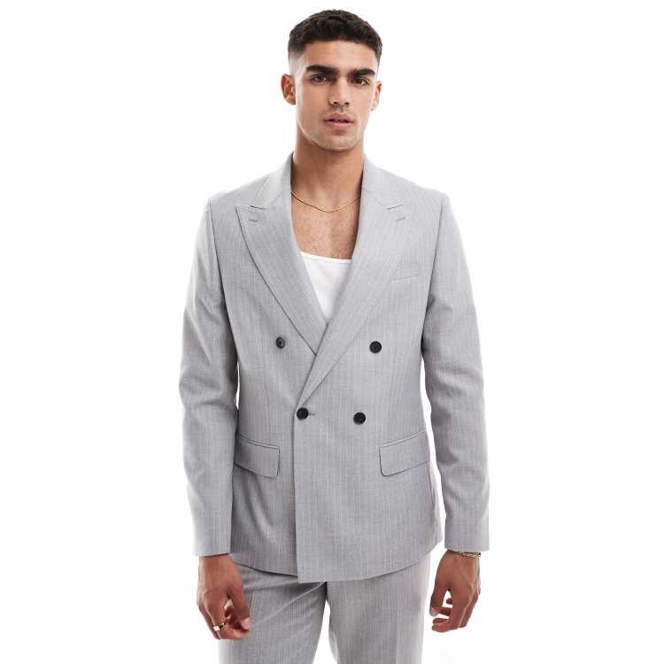 River Island crepe stripe suit jacket in grey ASOS
